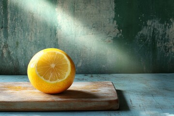Poster - Bright lemon sits on a wooden cutting board in soft light highlighting its vibrant color and texture