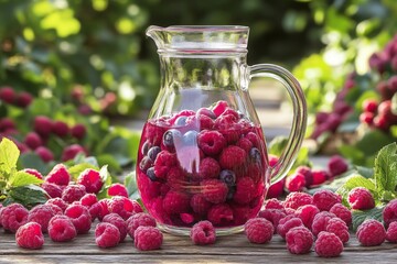 Poster - Refreshing pitcher of raspberry and berry drink surrounded by fresh fruits on a sunny day in a lush garden