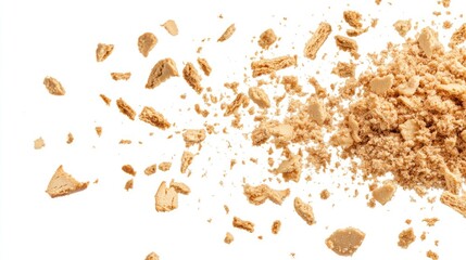 Poster - Close-up view of scattered cosmetic powder on a white background, showcasing texture and movement for beauty product imagery