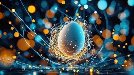 Poster - An artistic representation of a glowing egg surrounded by vibrant lights and abstract lines. Ideal for themes of technology, creativity, and innovation.