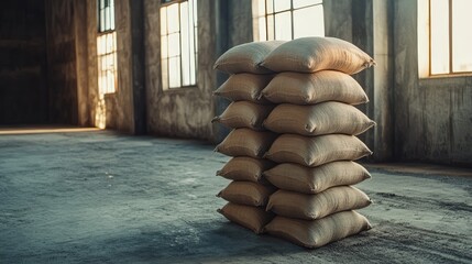 Poster - Stacked burlap sacks in an industrial space with natural light streaming through large windows, evoking a rustic atmosphere