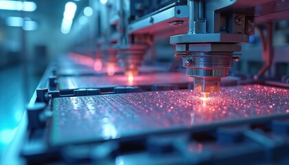 Poster - Automated machinery processing silicon wafers semiconductor plant. Laser cutting microchips with robotic arms. Electronic tech factory. High-tech industry with automated process. Manufacturing,