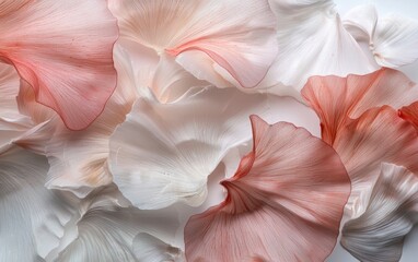 Poster - Abstract image of delicate, translucent petals in shades of red and white, scattered on a white background. The petals have a speckled texture and appear lightweight and ethereal