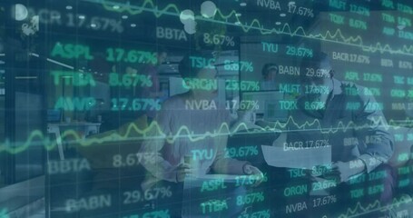 Poster - In office, businesspeople working with stock market data and graphs animation overlay