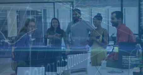 Poster - Collaborating in office, diverse team analyzing financial data with animation overlay