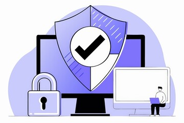 Poster - Illustration of cybersecurity featuring a shield with a checkmark, two monitors, and a padlock, highlighting online protection and digital safety.