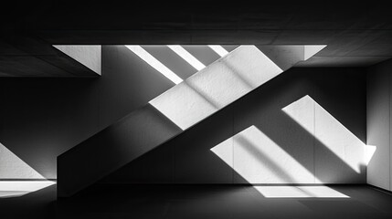 Poster - Abstract monochrome photograph of a concrete staircase bathed in sunlight. The light creates dramatic shadows and highlights the architectural details of the stairway