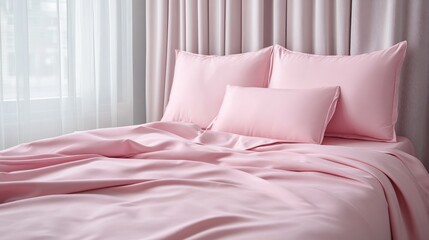 Poster - Soft pink bedding with decorative pillows in a cozy bedroom, featuring sheer curtains and a tranquil atmosphere