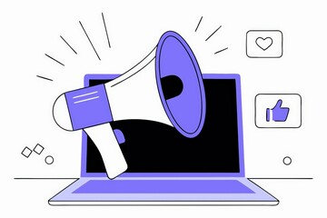 Poster - A graphic featuring a megaphone next to a laptop, symbolizing online communication and social media engagement.