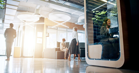 Poster - Lobby, cubicle and business people in office in morning with meeting for collaboration, teamwork and discussion. Professional, corporate and privacy with woman in workspace pods for productivity