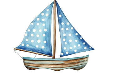 Poster - A charming watercolor illustration of a sailboat with blue polka dot sails on a neutral gray background art