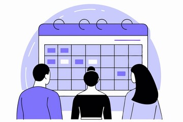 Poster - Three people view a calendar interface, highlighting organization and planning, with a soft purple background enhancing the focus on their collaboration.