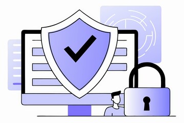Poster - A digital illustration depicting cybersecurity, featuring a shield, a padlock, and a person by a computer, emphasizing protection and safety online.
