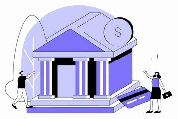Poster - A modern illustration depicting a bank building with people interacting, emphasizing finance and transactions in a minimalist design.