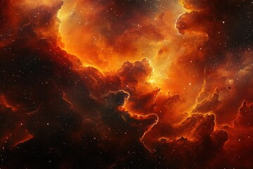 a fiery nebula with swirling clouds of orange and red gas illuminated by distant stars in the cosmos