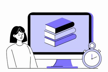 Poster - A person is focused on a computer screen showing books and a timer, symbolizing study, productivity, and online learning.