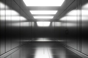 Empty Metallic Interior, Contemporary Architecture With Reflective Surfaces And Linear Lighting