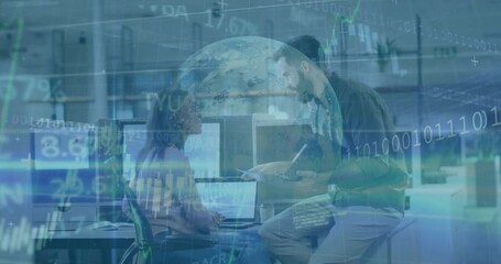 Poster - Collaborating in office, diverse professionals with globe and financial data animation