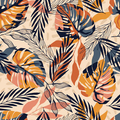 Wall Mural - Abstract boho monstera pattern. Modern seamless pattern with tropical leaves, shapes for minimalist art print, textile, boho wallpaper decor. Flat design.