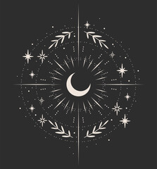 Wall Mural - magical drawing of the crescent, boho illustration, magic card. vector hand drawing