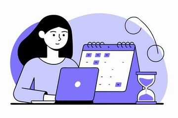 Poster - A focused individual works on a laptop while managing a calendar, symbolizing productivity and time management in a minimalist style.
