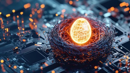 Poster - A captivating futuristic scene featuring a glowing egg nestled in a nest on a circuit board, symbolizing the fusion of nature and technology. Perfect for showcasing innovation.