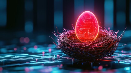Poster - A captivating futuristic egg nestled in a digital nest, illuminated with vibrant neon colors and intricate electronic patterns, symbolizing innovation and technology.