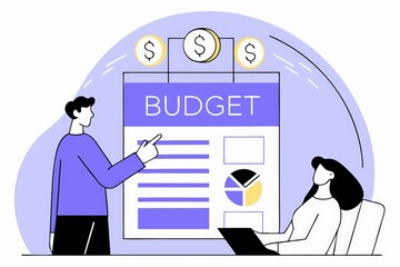 Poster - A man points to a budget document while a woman observes, emphasizing financial planning and management concepts with charts and dollar signs.