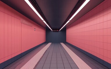 Poster - Pink and gray subway tunnel with fluorescent lighting. Long perspective view of a modern underground passage. Clean lines and minimal details