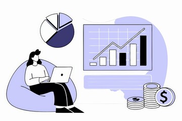 Poster - A person works on a laptop, analyzing financial data with charts and coins nearby, illustrating modern digital finance and productivity.
