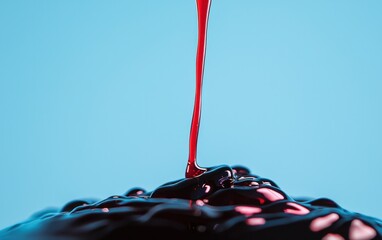 Poster - Close-up view of a dark red liquid being poured, creating ripples and texture on a smooth surface against a light blue background. The image features a vibrant color contrast and dynamic motion
