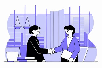 Poster - Two professionals shake hands in a modern office setting, symbolizing agreement or partnership, with skyscrapers visible through large windows.
