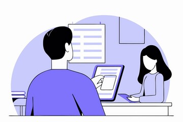 Poster - A digital illustration of two people working at a desk with devices, engaged in a collaborative task in a modern workspace.