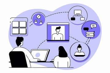 Poster - A digital illustration showing two people engaged in a video conference, with icons representing communication and collaboration around them.