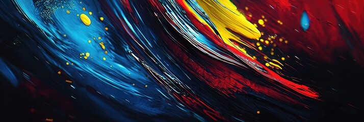 Poster - Abstract painting with dynamic brushstrokes in vibrant blue, red, and yellow hues.  The dark background provides contrast, enhancing the intensity of the colors.  The texture appears thick and