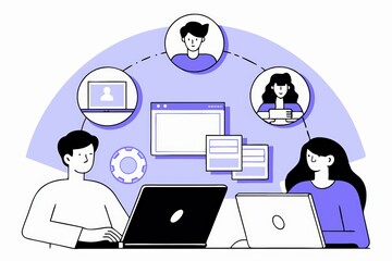 Poster - Two people working collaboratively on laptops, connected through digital interfaces, representing remote teamwork and communication in a modern workspace.