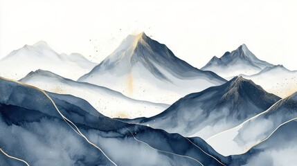 Poster - abstract mountain background vector. minimal landscape art with watercolor brush and golden line tex
