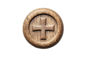 Poster - A wooden circle with a cross carved into it centered on a gray background in a macro studio shot view