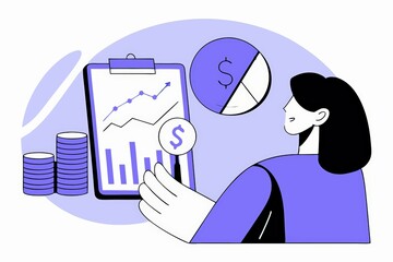 Poster - A graphic illustrating a person analyzing financial data with charts, graphs, coins, and dollar symbols, emphasizing finance and analytics.