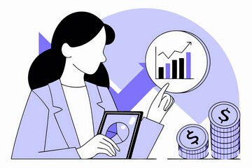 Poster - A woman analyzes financial data, with charts and coins, illustrating business growth and economic insight in a modern design.