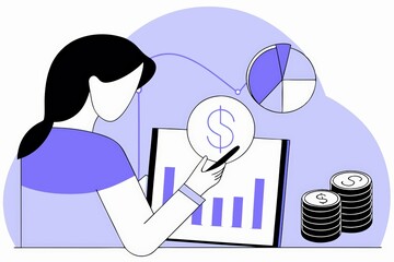 Poster - A person analyzes financial data on a tablet, with charts and coins, representing budgeting and financial management concepts.