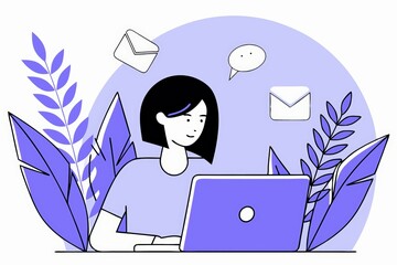 Poster - A woman works on a laptop surrounded by plants, engaging with digital communications through emails and chat.