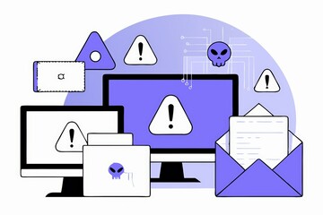 Poster - Digital illustration featuring multiple computer screens displaying warning symbols and a sinister skull, implying cybersecurity threats and online dangers.