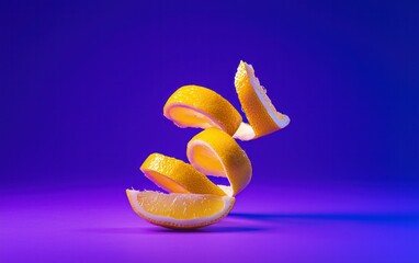 Poster - Vibrant studio shot of lemon peel swirling against a purple backdrop.  The citrus segments are illuminated, creating a dynamic and refreshing image