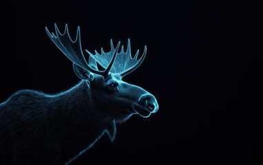 Poster - Abstract digital art of a moose with glowing blue particles against a black background. The image is detailed, showing the moose's antlers and face