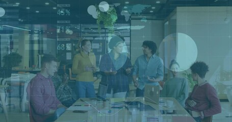 Poster - Business team collaborating in office with data processing animation overlay