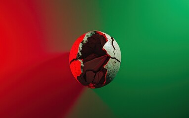 Poster - Cracked egg on a red and green background.  High contrast lighting emphasizes texture. Overhead studio shot
