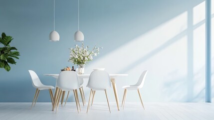 Poster - Modern dining area with light blue pastel walls, a minimalistic dining table, and simple white chairs. illustration