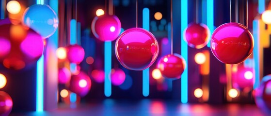 Poster - Neon Lights and Shiny Spheres: A Digital Art