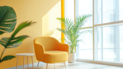 Aufkleber - Bright yellow armchair modern living room with sunlight streaming through large windows, complemented by green potted plants and small white table